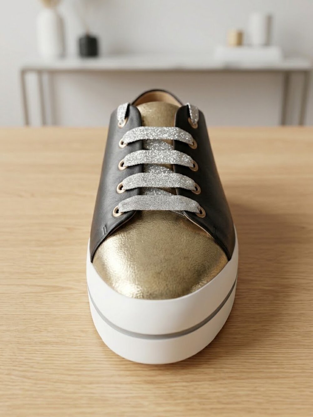 Ron White Black Leather Platform Sneakers Metallic Toe Ribbon Laces